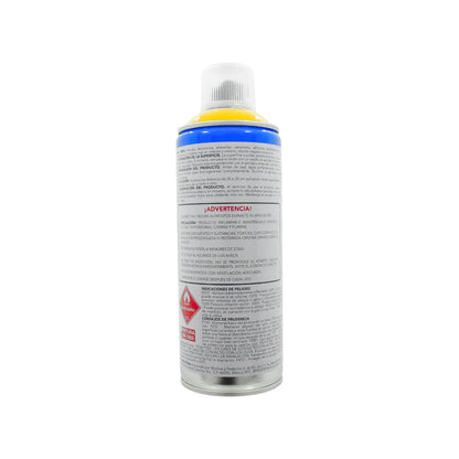 Pintura en aerosol azul brillante para madera y metal con instrucciones de aplicación y seguridad