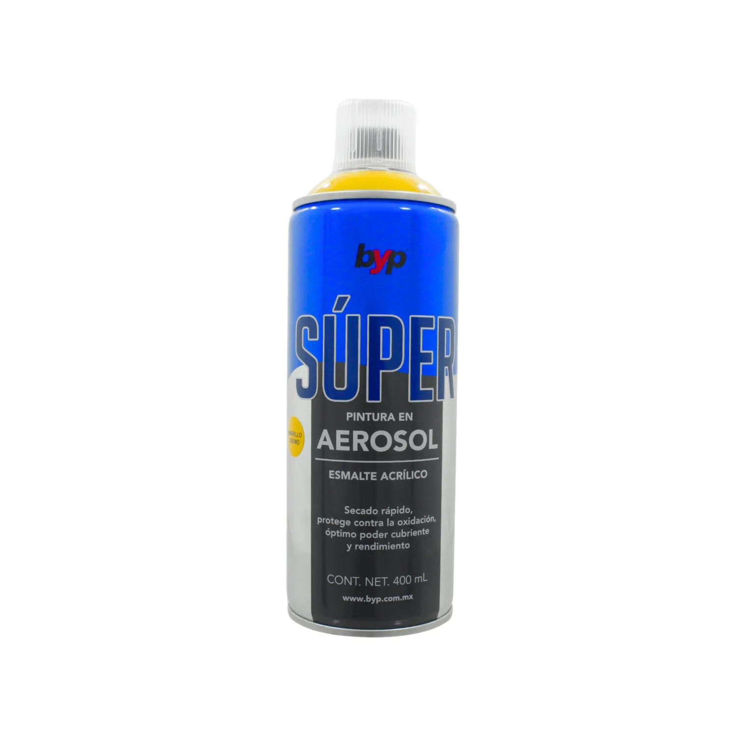 Pintura en aerosol byp esmalte acrílico amarillo cromo 400ml de secado rápido y protección contra oxidación.