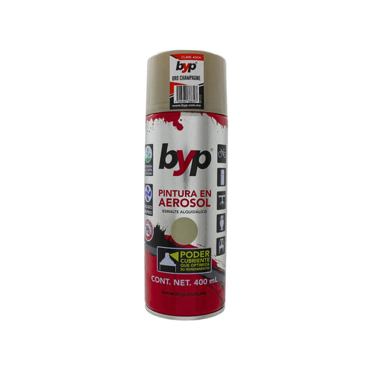 Pintura en aerosol BYP color oro champagne 400ml esmalte alquidálico de secado rápido y alto poder cubriente
