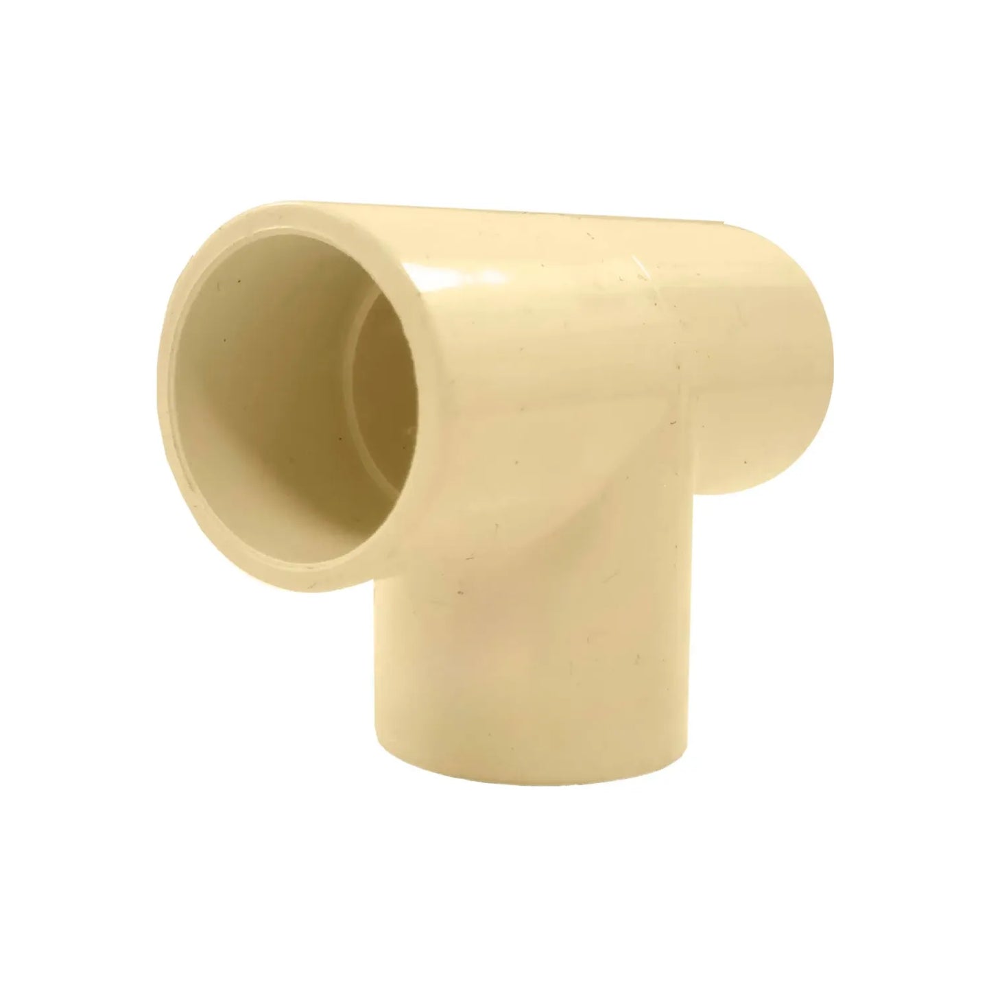 Conector tipo tee CPVC para instalaciones de agua caliente, accesorio de plomería color beige.