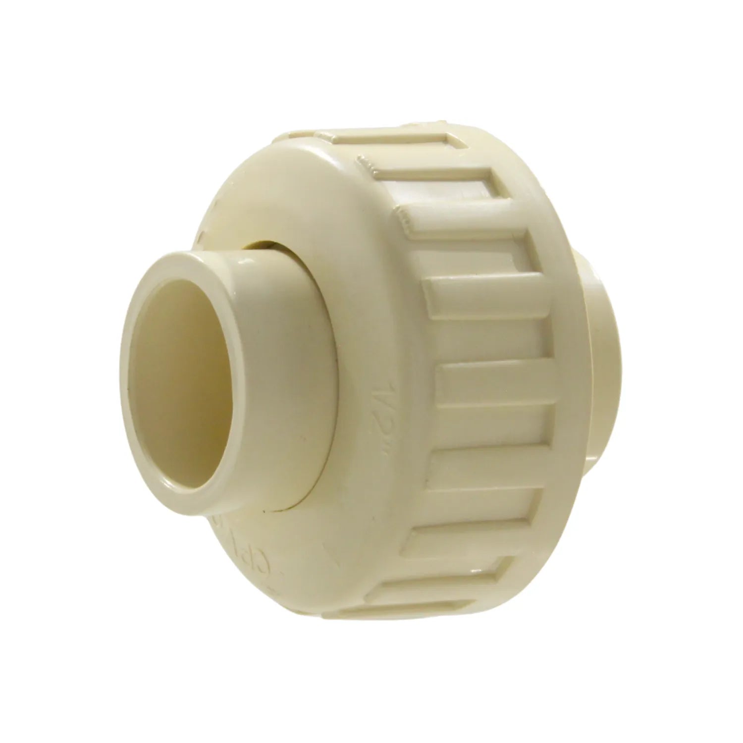 Tuerca unión CPVC 1/2 pulgada beige para tubería de agua.