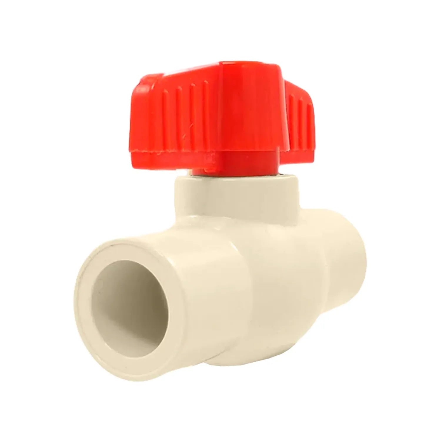 Válvula de esfera CPVC de 3/4 pulgadas (19 mm) con cuerpo beige y manija roja para plomería de agua