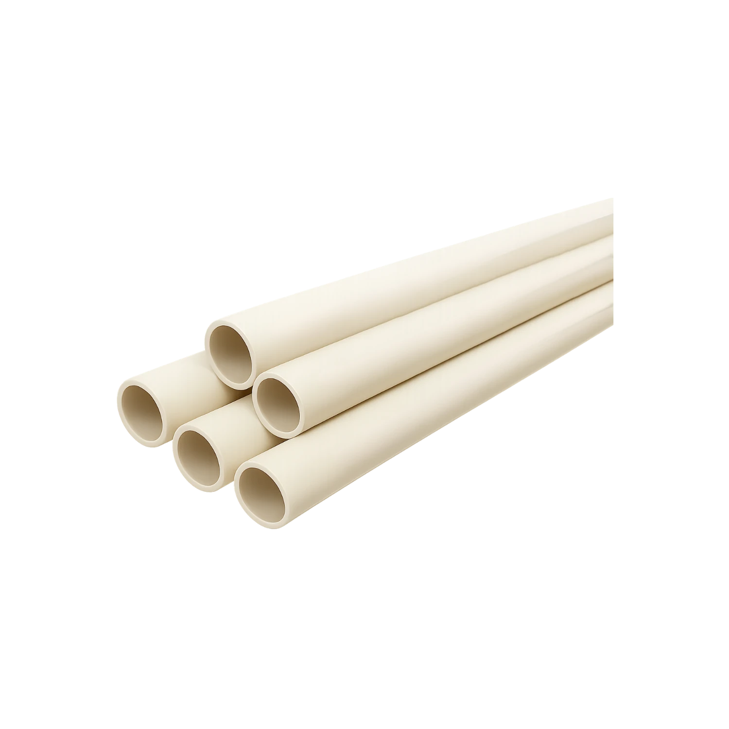 Cinco tubos CPVC de 3/4" (19 mm) color crema apilados, ideales para instalaciones de agua potable y caliente.