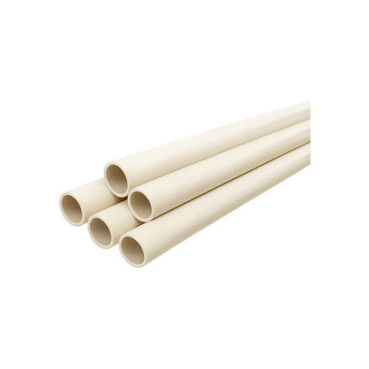 Cinco tubos CPVC de 3/4" (19 mm) color crema apilados, ideales para instalaciones de agua potable y caliente.