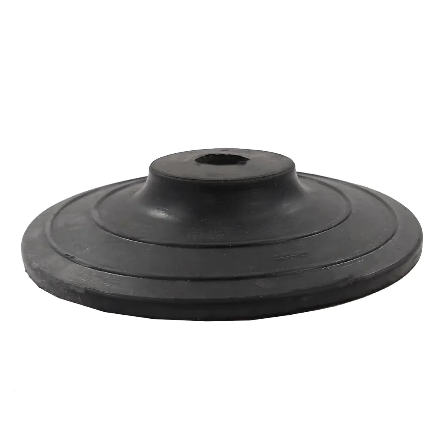Amortiguador de goma negro, base redonda con anillos y orificio hexagonal central para equipos
