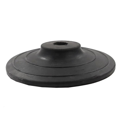 Amortiguador de goma negro, base redonda con anillos y orificio hexagonal central para equipos
