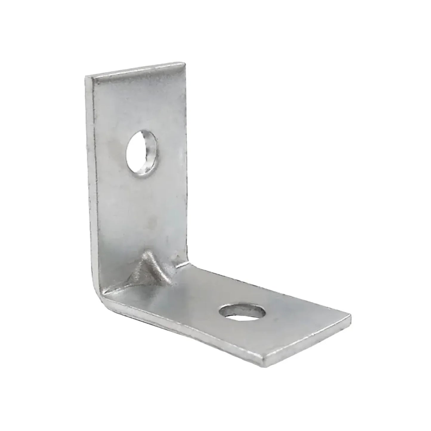 Escuadra de refuerzo metálica en L de acero galvanizado con dos orificios de montaje para unión de muebles y carpintería