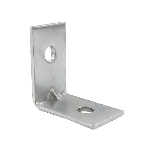 Escuadra de refuerzo metálica en L de acero galvanizado con dos orificios de montaje para unión de muebles y carpintería