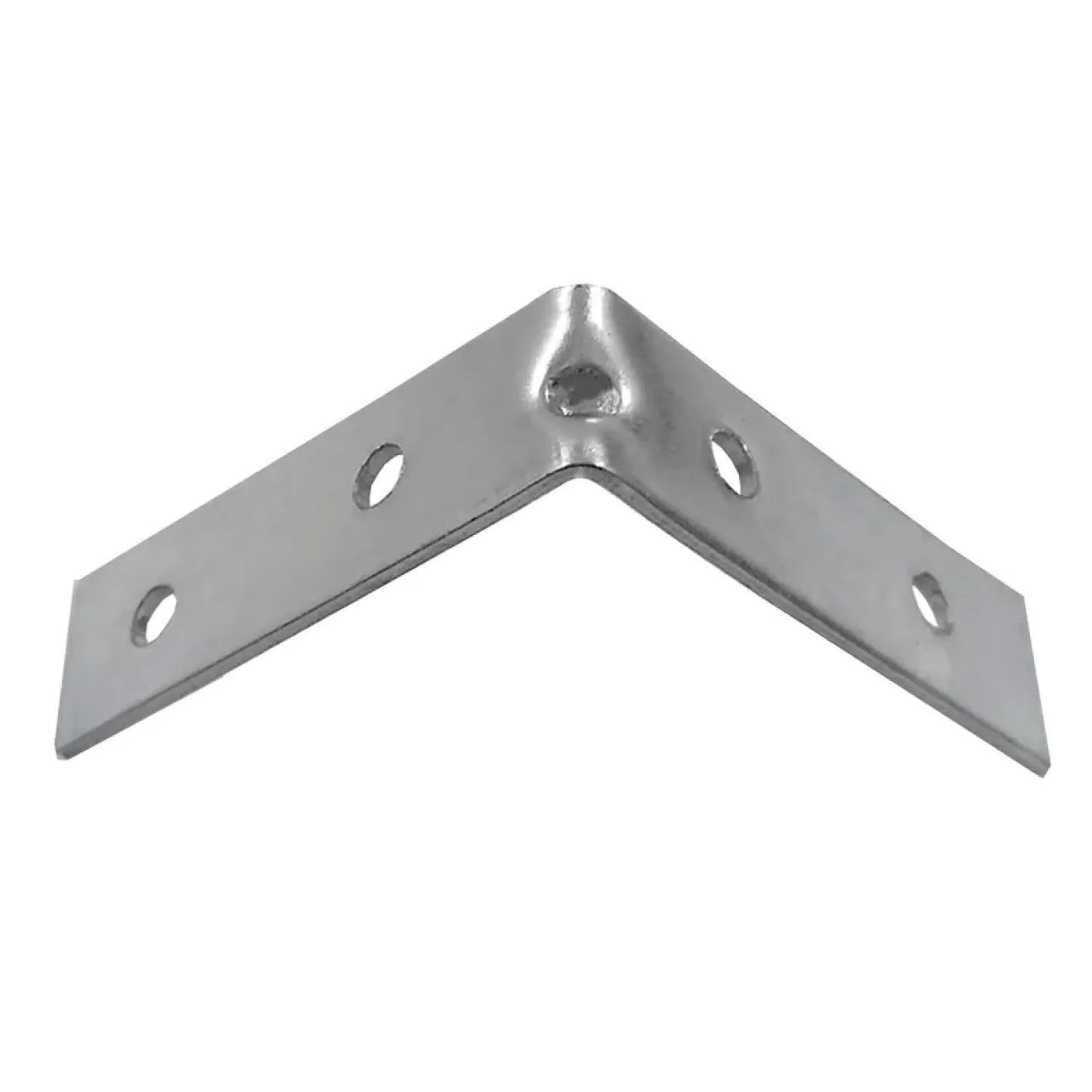 Soporte esquinero metálico galvanizado en forma de L con 4 orificios para refuerzo de uniones.
