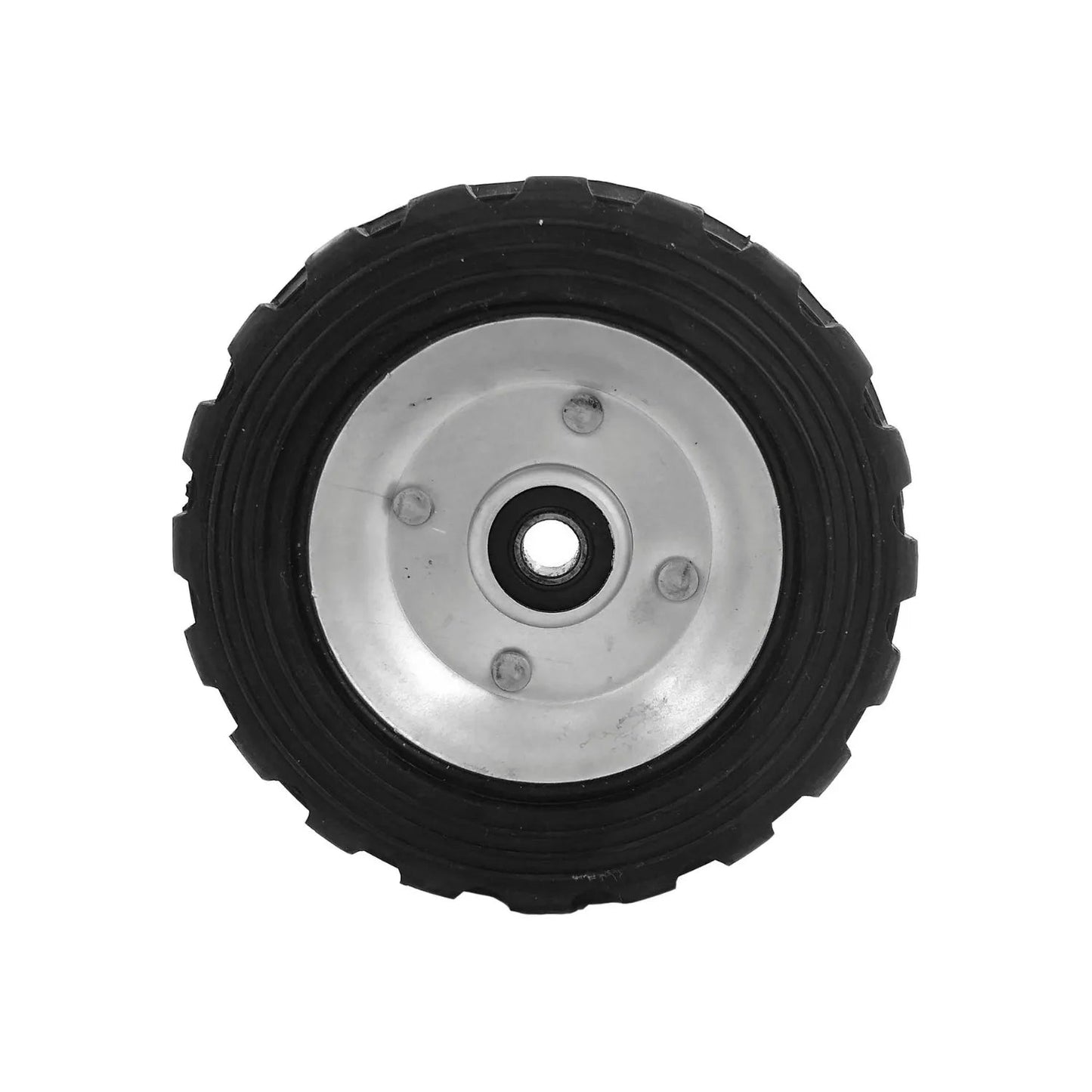 Rueda de hule negra 5 pulgadas con balero y centro metálico plateado, para carretillas y equipos de ferretería