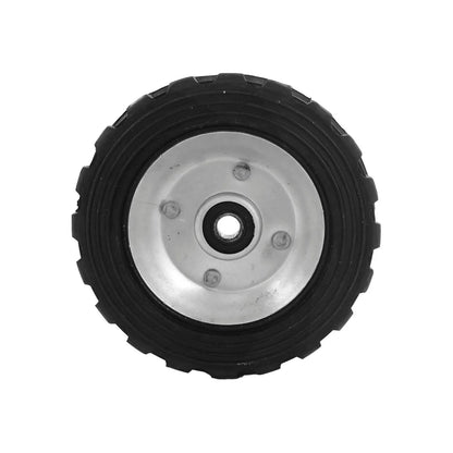 Rueda de hule negra 5 pulgadas con balero y centro metálico plateado, para carretillas y equipos de ferretería