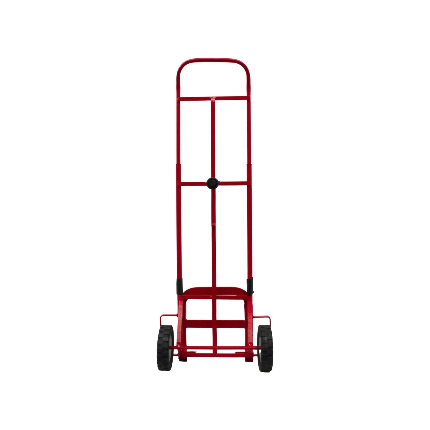Diablo de carga manual rojo, estructura metálica con 2 ruedas para transportar paquetes y objetos