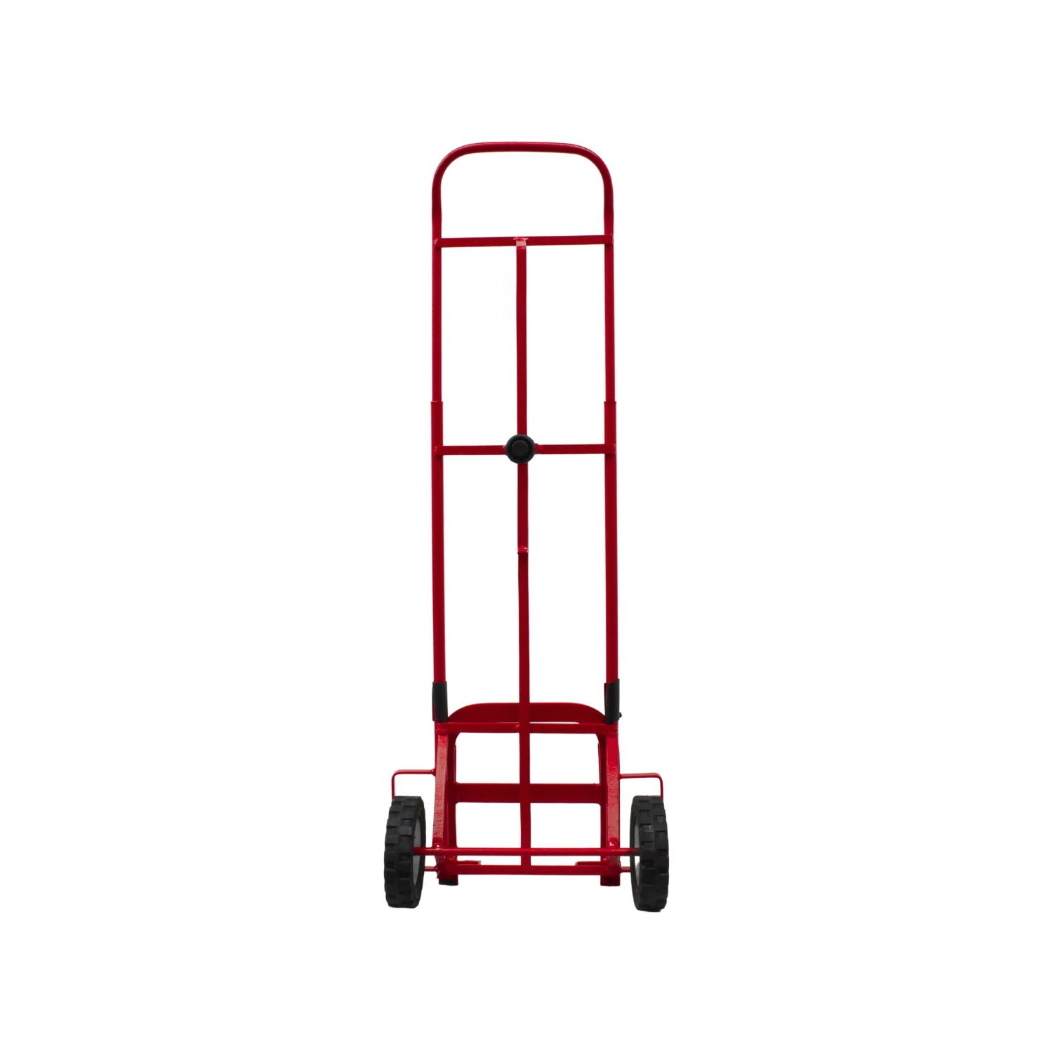 Diablo de carga manual rojo, estructura metálica con 2 ruedas para transportar paquetes y objetos