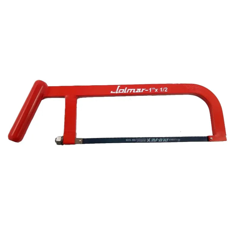 Arco de sierra Lolmar rojo con segueta flexible Flu-Rex de acero para cortar metal.