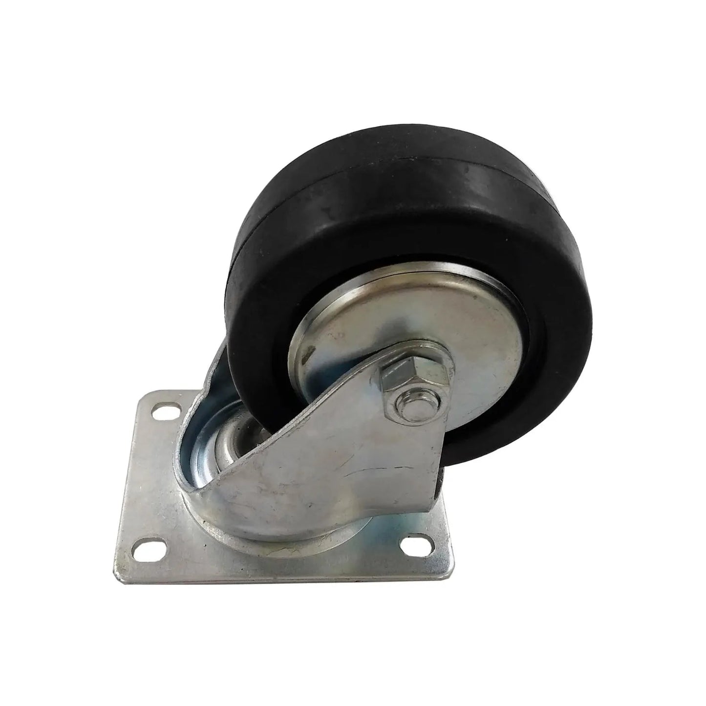 Rodaja giratoria 4" de caucho negro, con base de montaje de acero galvanizado para carros industriales.