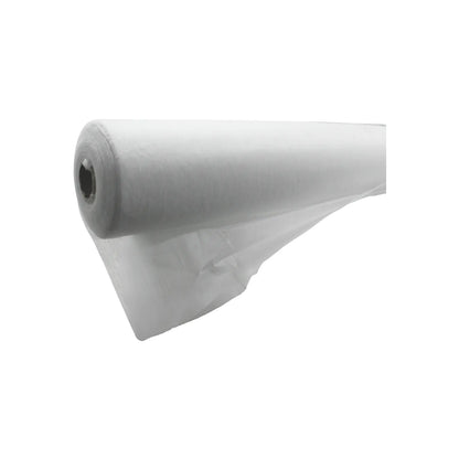 Rollo de film de polietileno blanco translúcido, ideal para protección, construcción y agricultura.