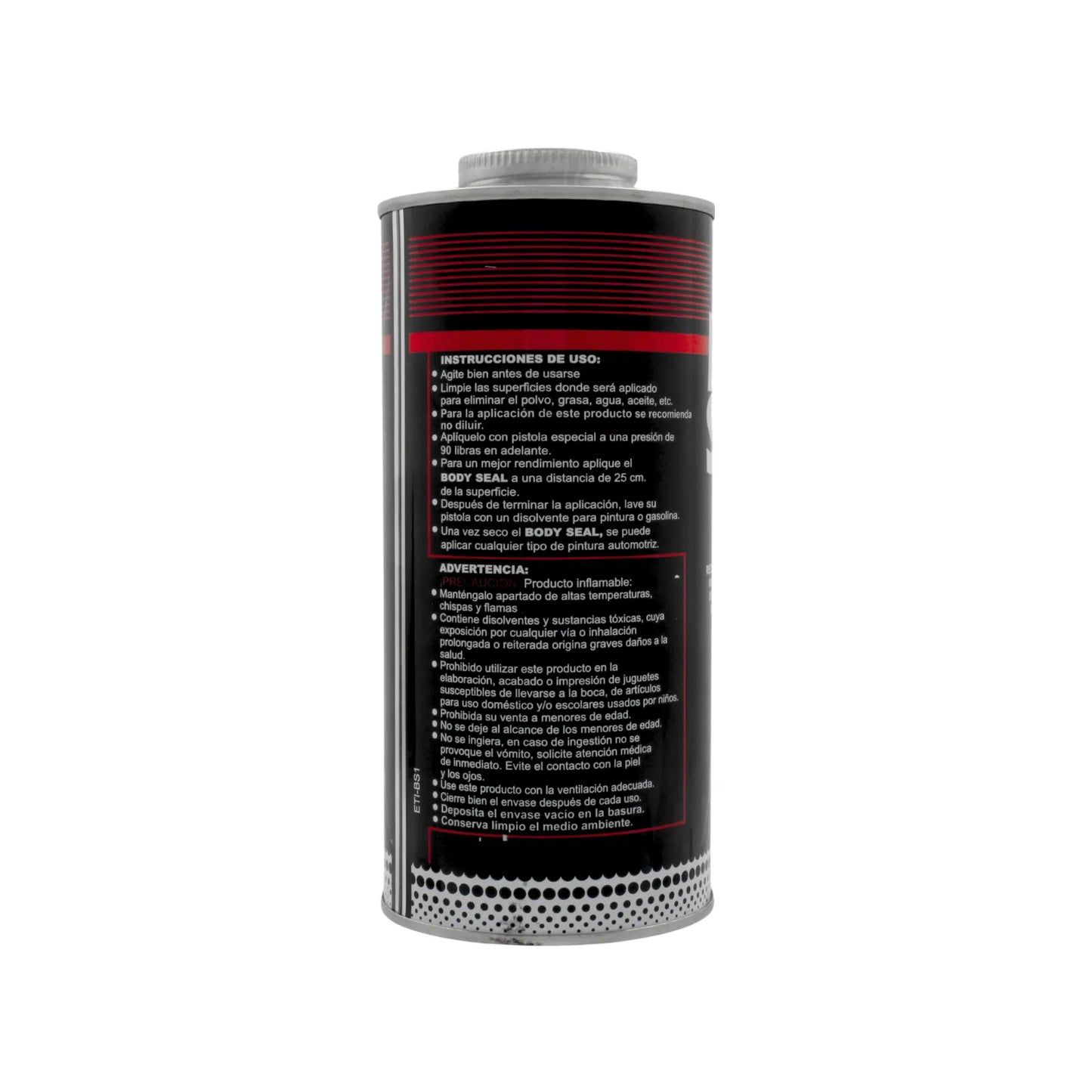 Sellador automotriz BODY SEAL negro en lata con tapa plateada, para carrocería y preparación de pintura de autos.