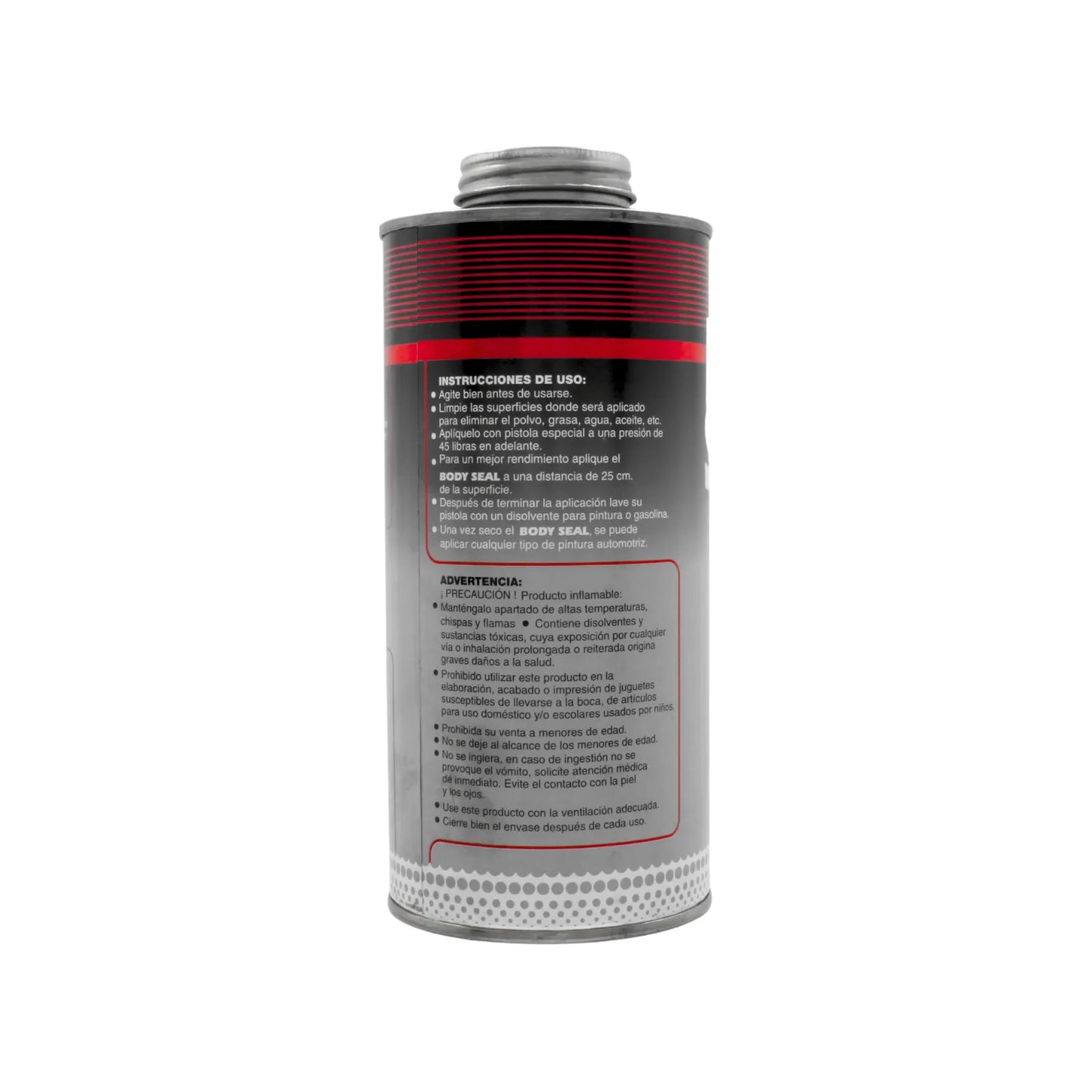 Sellador automotriz BODY SEAL en lata, para protección y acabado de carrocerías con instrucciones en español.