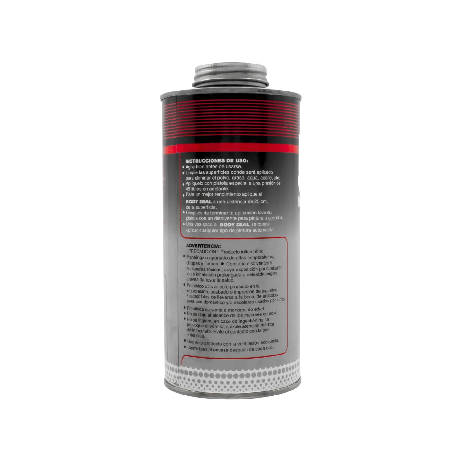 Sellador automotriz BODY SEAL en lata, para protección y acabado de carrocerías con instrucciones en español.