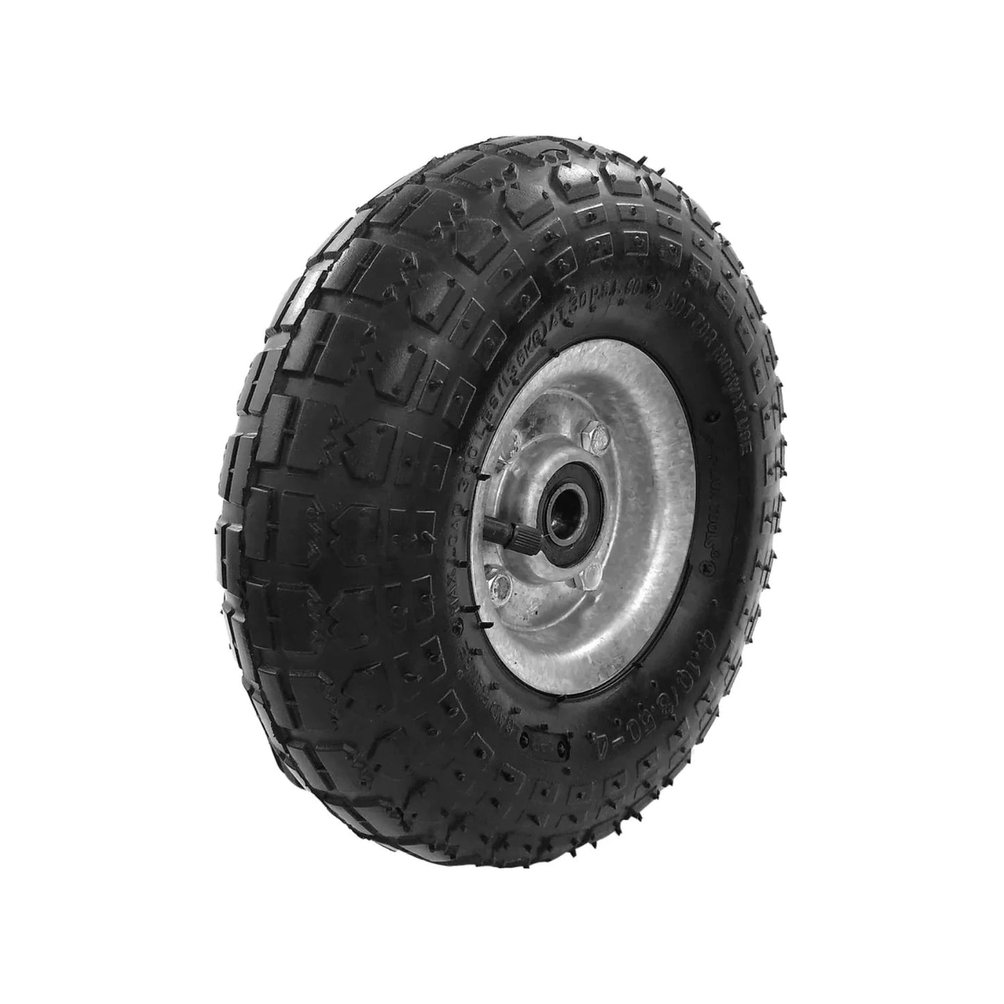 Llanta neumática negra para diablo o carretilla, con eje metálico, ideal para refacción de carga.