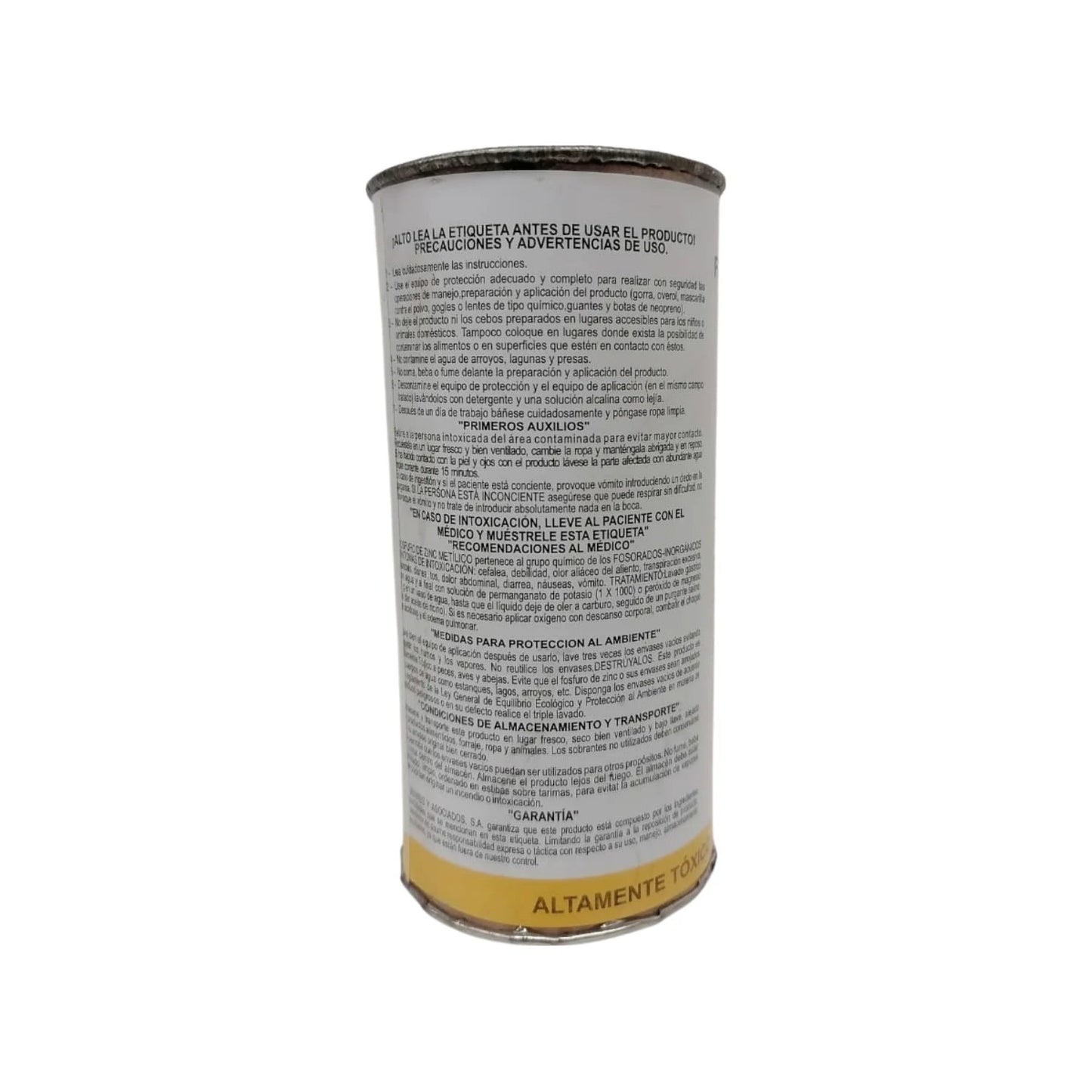 Envase de Fosfuro de zinc 50g amarillo con etiqueta de advertencias, rodenticida para control de plagas