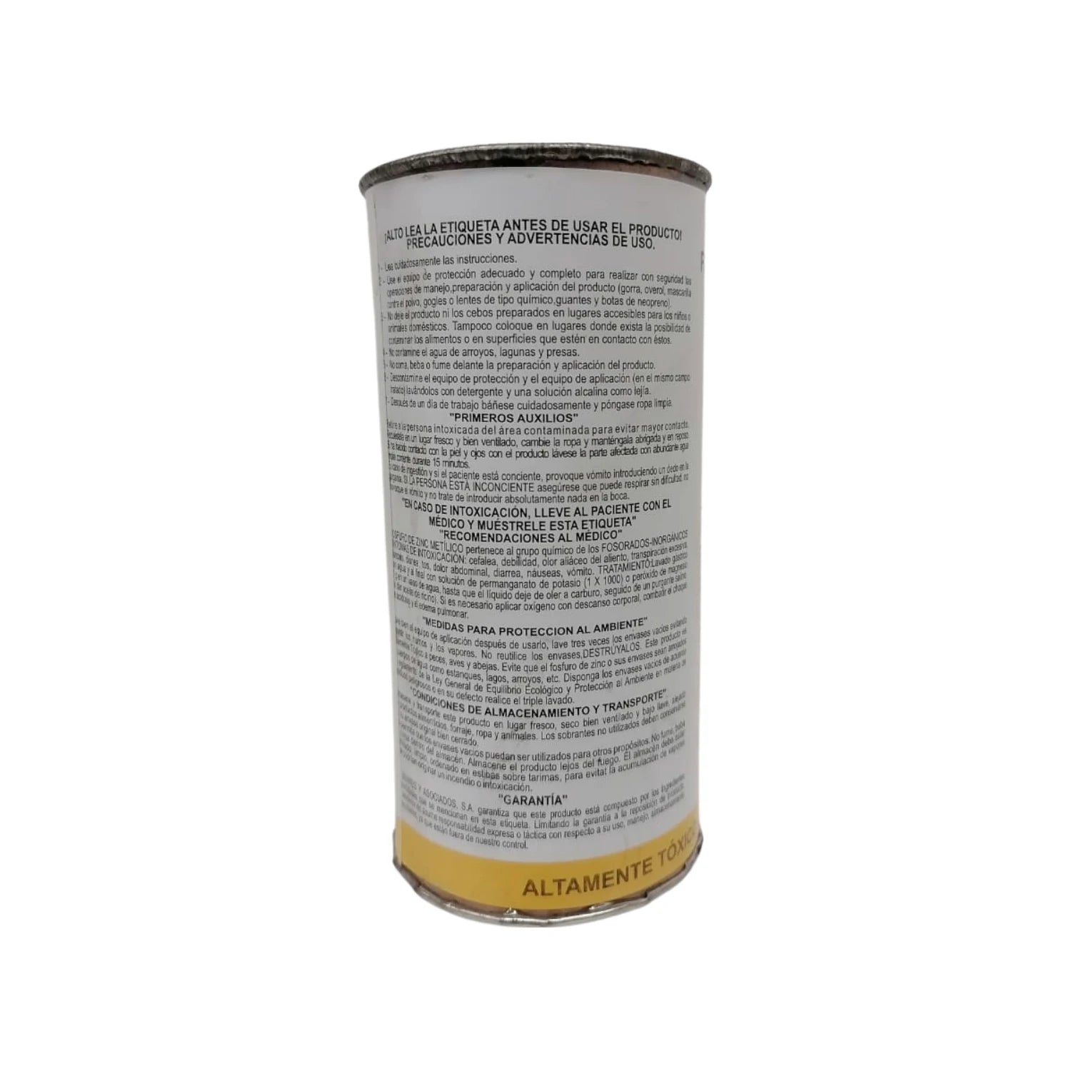 Envase de Fosfuro de zinc 50g amarillo con etiqueta de advertencias, rodenticida para control de plagas