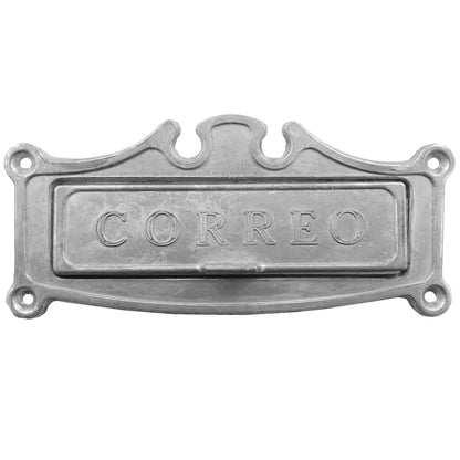 Placa de aluminio para buzón de puerta con inscripción "CORREO" grabada, acabado metálico gris