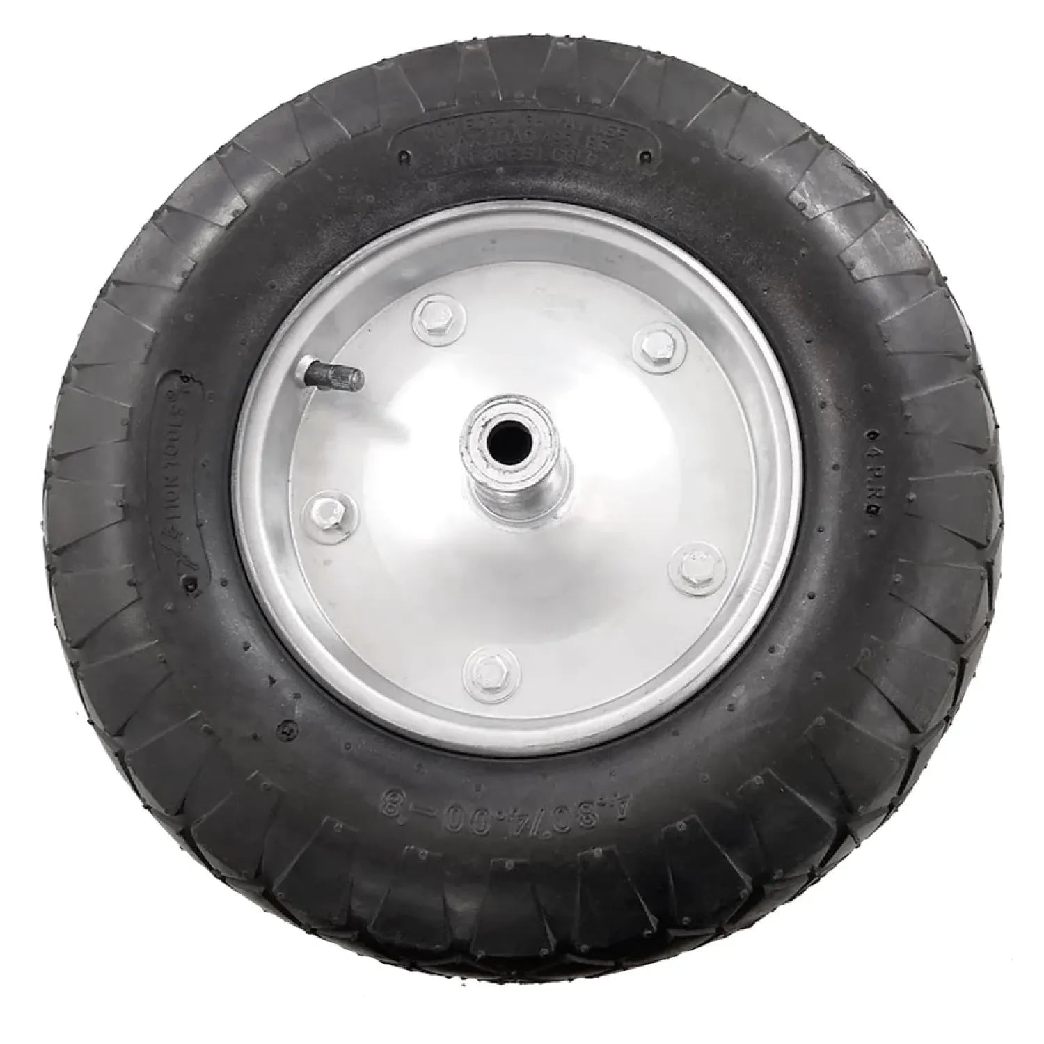 Rueda neumática negra para carretilla con llanta de metal plateado, tamaño 4.80/4.00-8, eje central.