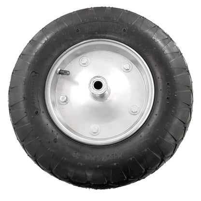 Rueda neumática negra para carretilla con llanta de metal plateado, tamaño 4.80/4.00-8, eje central.