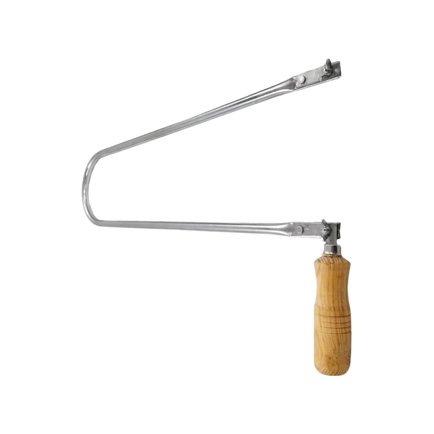 Arco de segueta tubular metálico con mango de madera. Herramienta manual de corte.