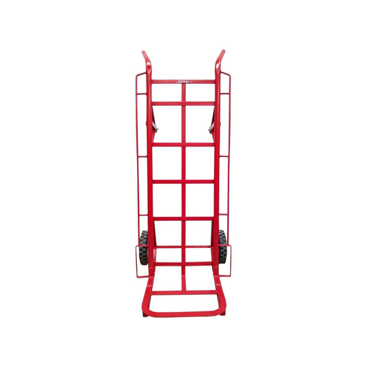 Diablo de carga Jolmar rojo de acero con ruedas grandes y patín, ideal para mover objetos pesados