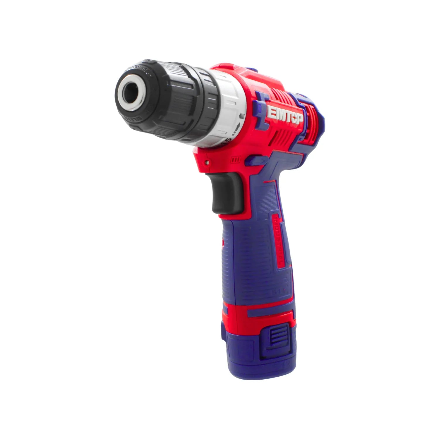 Taladro atornillador inalámbrico EMTOP rojo y azul con portabrocas autoajustable