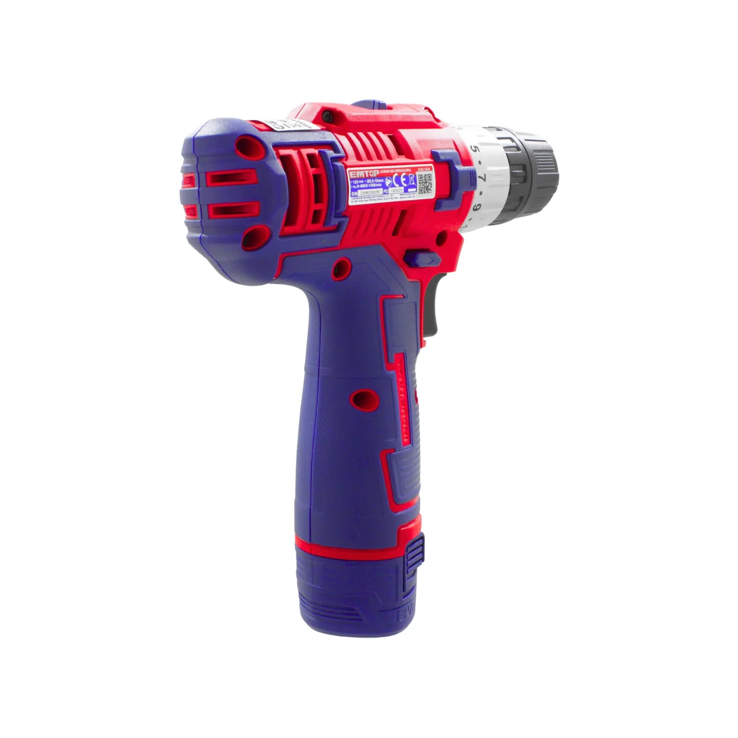 Taladro atornillador inalámbrico EMTOP 12V, rojo y azul, batería de litio para múltiples usos