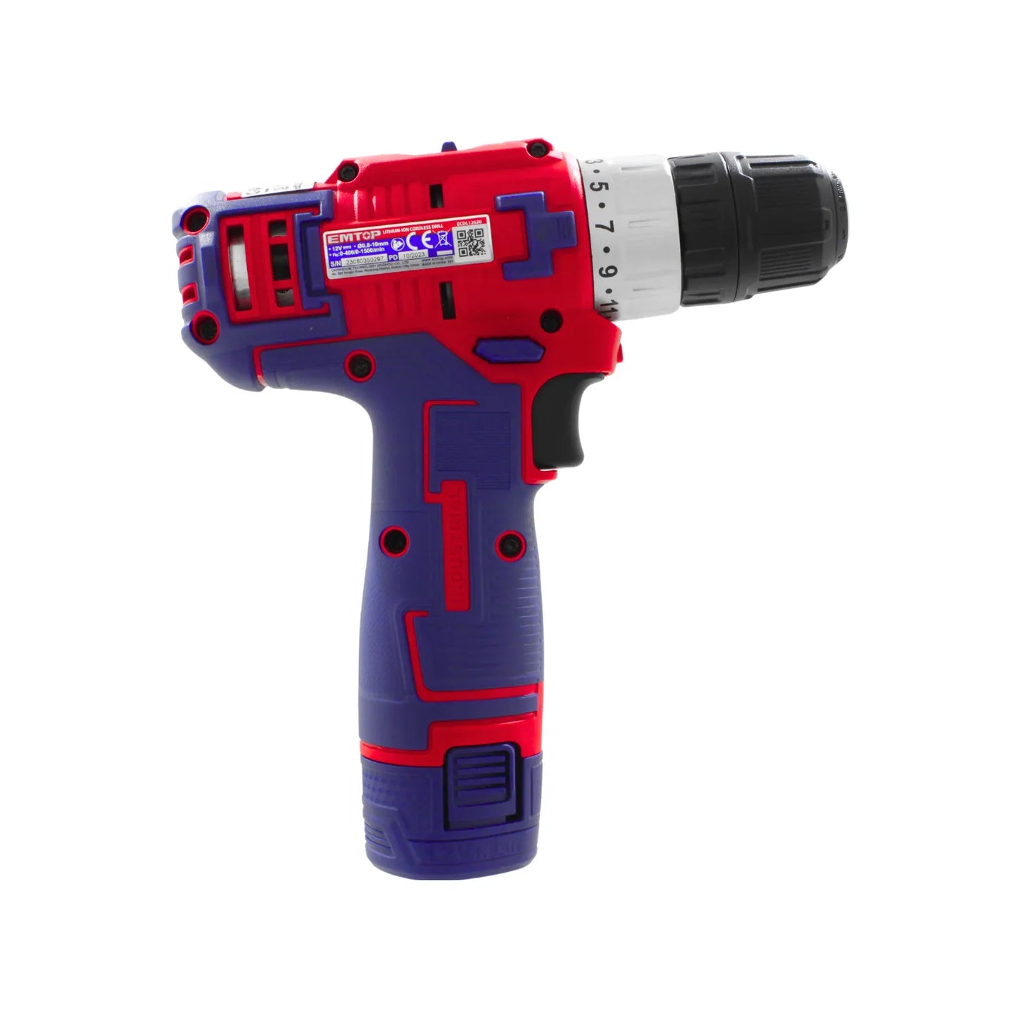 EMTOP taladro atornillador inalámbrico 12V litio, rojo y azul, mandril 0.8-10mm, velocidad variable 0-1500 RPM
