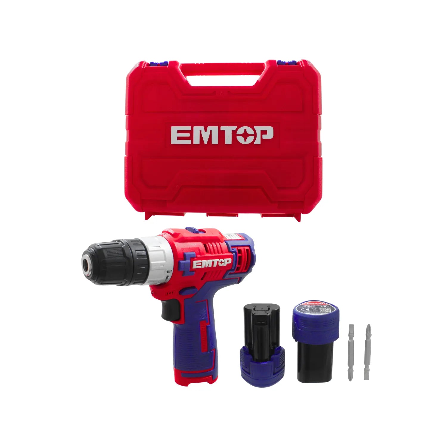 Taladro atornillador inalámbrico EMTOP rojo/azul, incluye 2 baterías, cargador y puntas en maletín