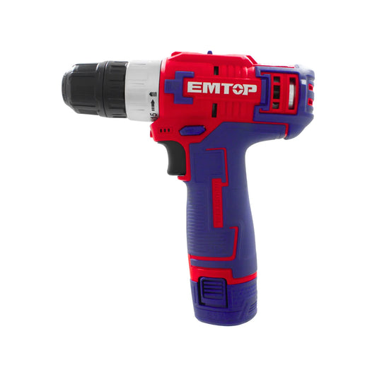 Taladro atornillador inalámbrico EMTOP rojo y azul compacto con ajuste de torque