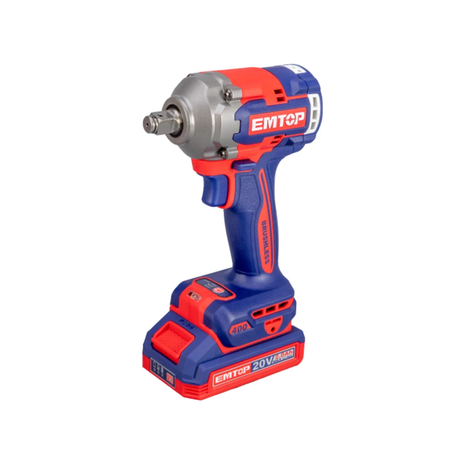Llave de impacto inalámbrica EMTOP 1/2" 20V brushless azul y roja, con batería 4.0Ah, uso profesional.