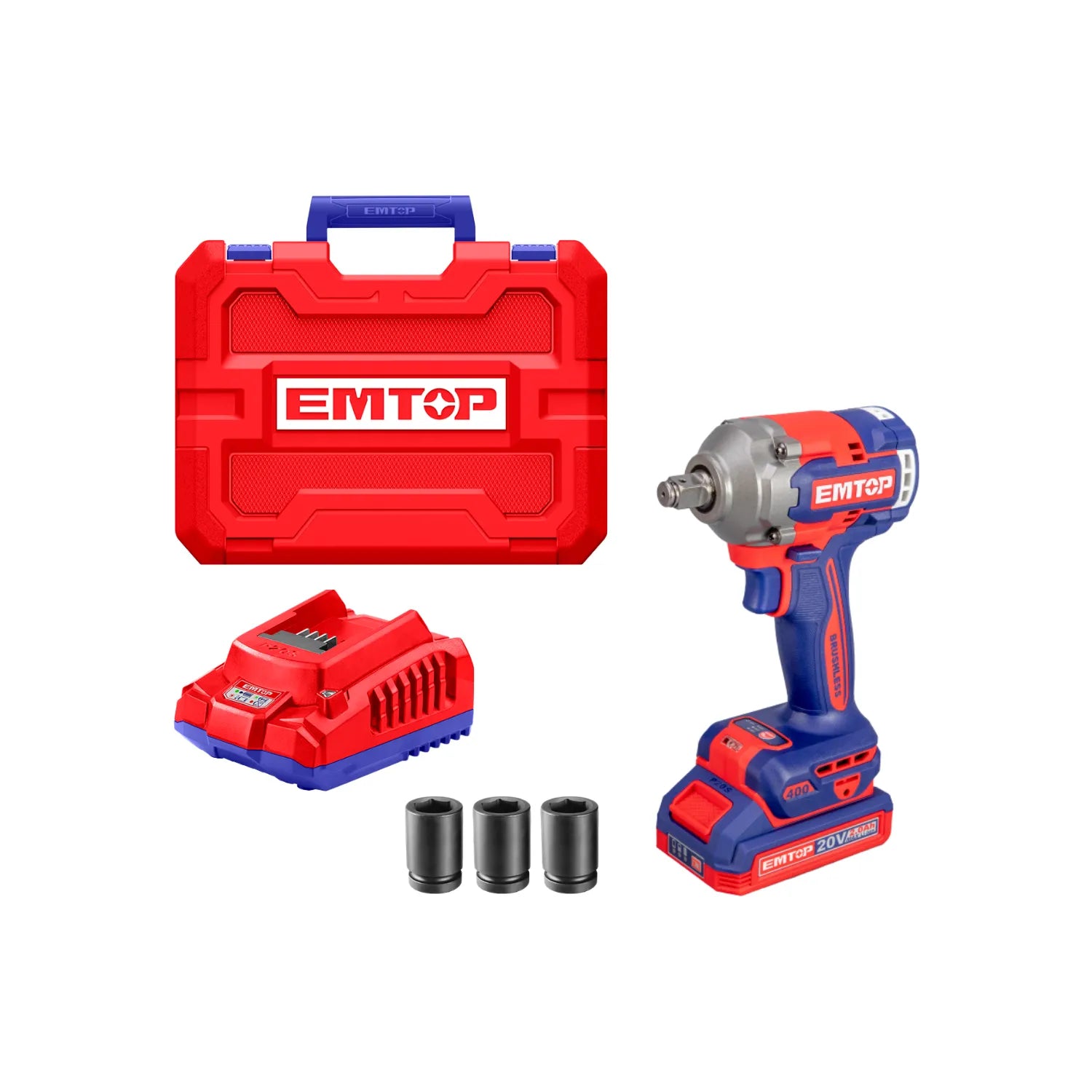 Llave de impacto inalámbrica EMTOP 20V con batería, cargador, juego de dados y maletín rojo y azul