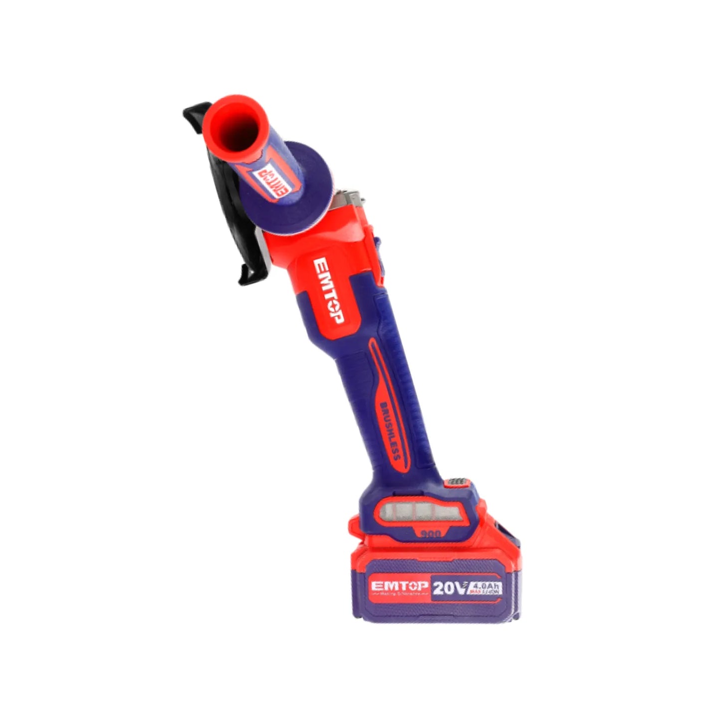 Esmeriladora inalámbrica EMTOP 20V 4.0Ah brushless, diseño azul y rojo para corte y desbaste profesional.