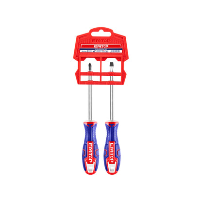 Juego de destornilladores EMTOP 2 piezas: Phillips y plano, mangos ergonómicos azules y rojos en empaque blister.