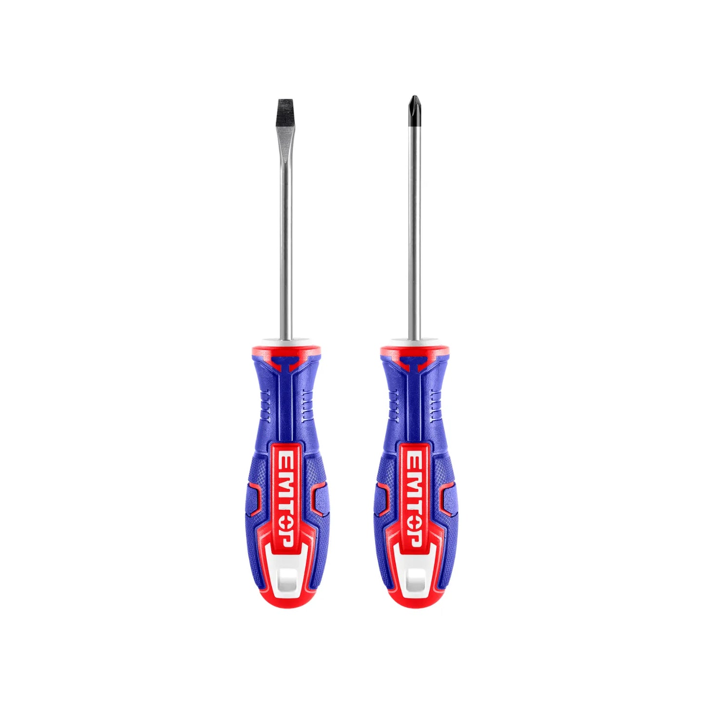 Juego de destornilladores EMTOP plano y Phillips con mango ergonómico azul y rojo para trabajos manuales
