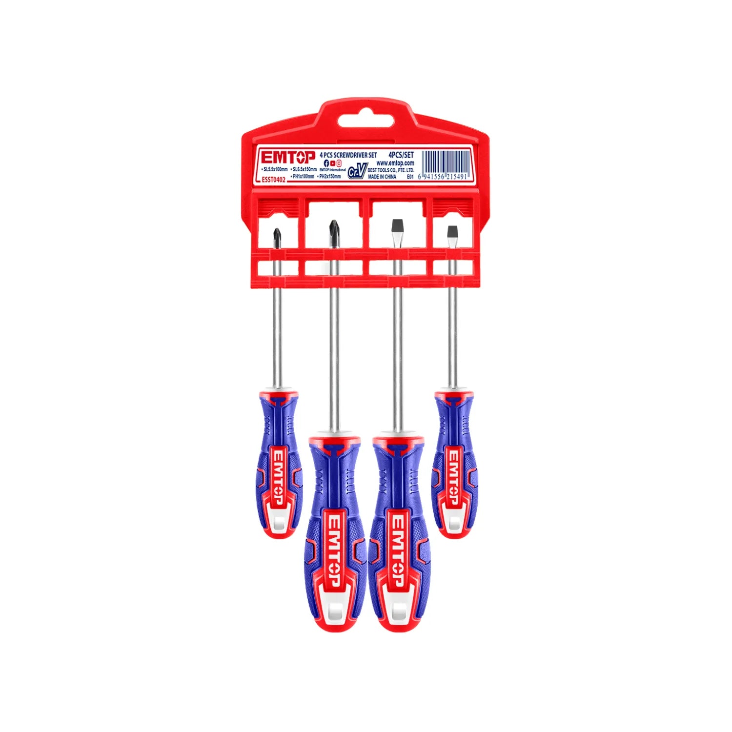 Juego de 4 destornilladores EMTOP Phillips y planos, mangos ergonómicos azules y rojos.