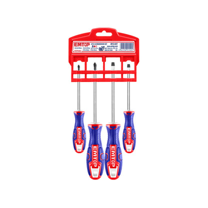 Juego de 4 destornilladores EMTOP Phillips y planos, mangos ergonómicos azules y rojos.