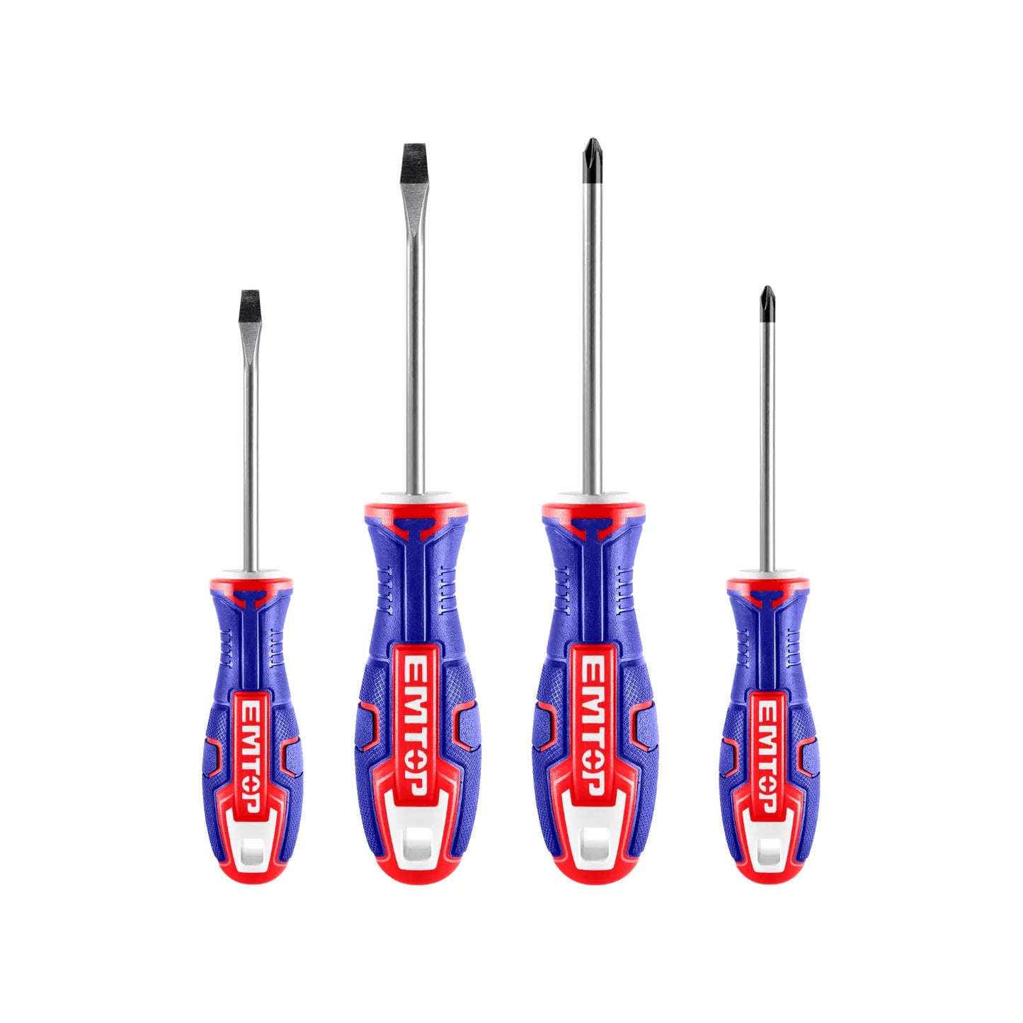 Juego de 4 destornilladores EMTOP: 2 planos y 2 Phillips de varios tamaños con mangos ergonómicos azules y rojos.