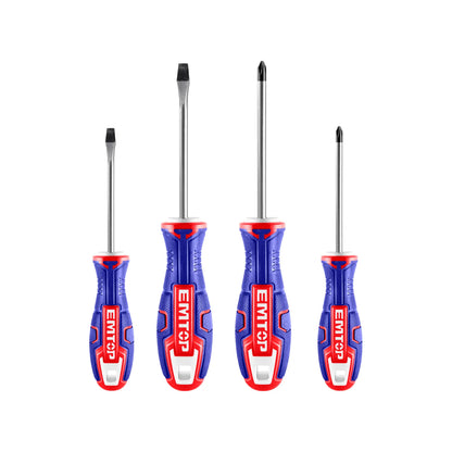 Juego de 4 destornilladores EMTOP: 2 planos y 2 Phillips de varios tamaños con mangos ergonómicos azules y rojos.
