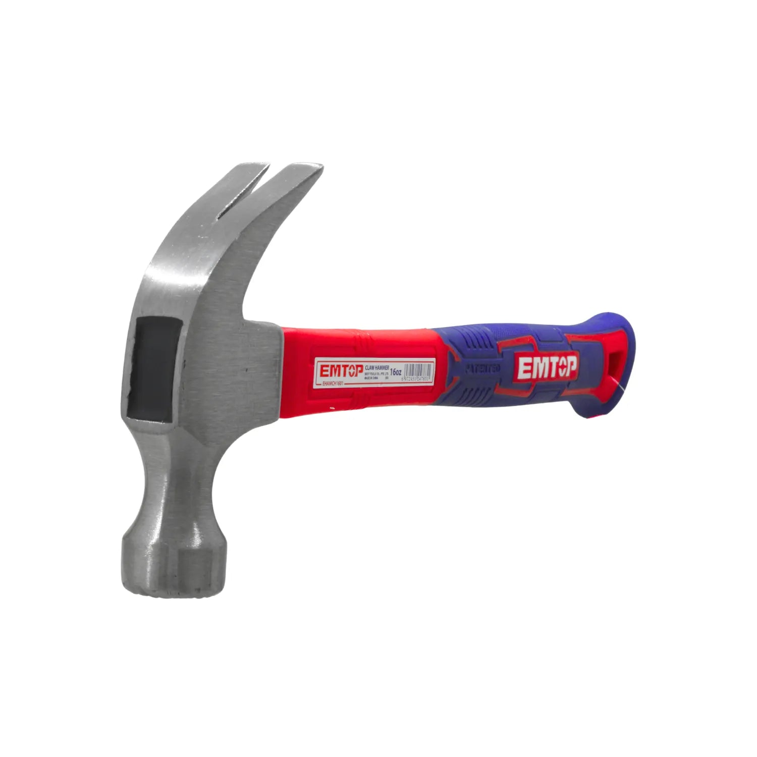 Martillo de uña recto EMTOP 16oz con mango ergonómico rojo y azul para construcción y carpintería