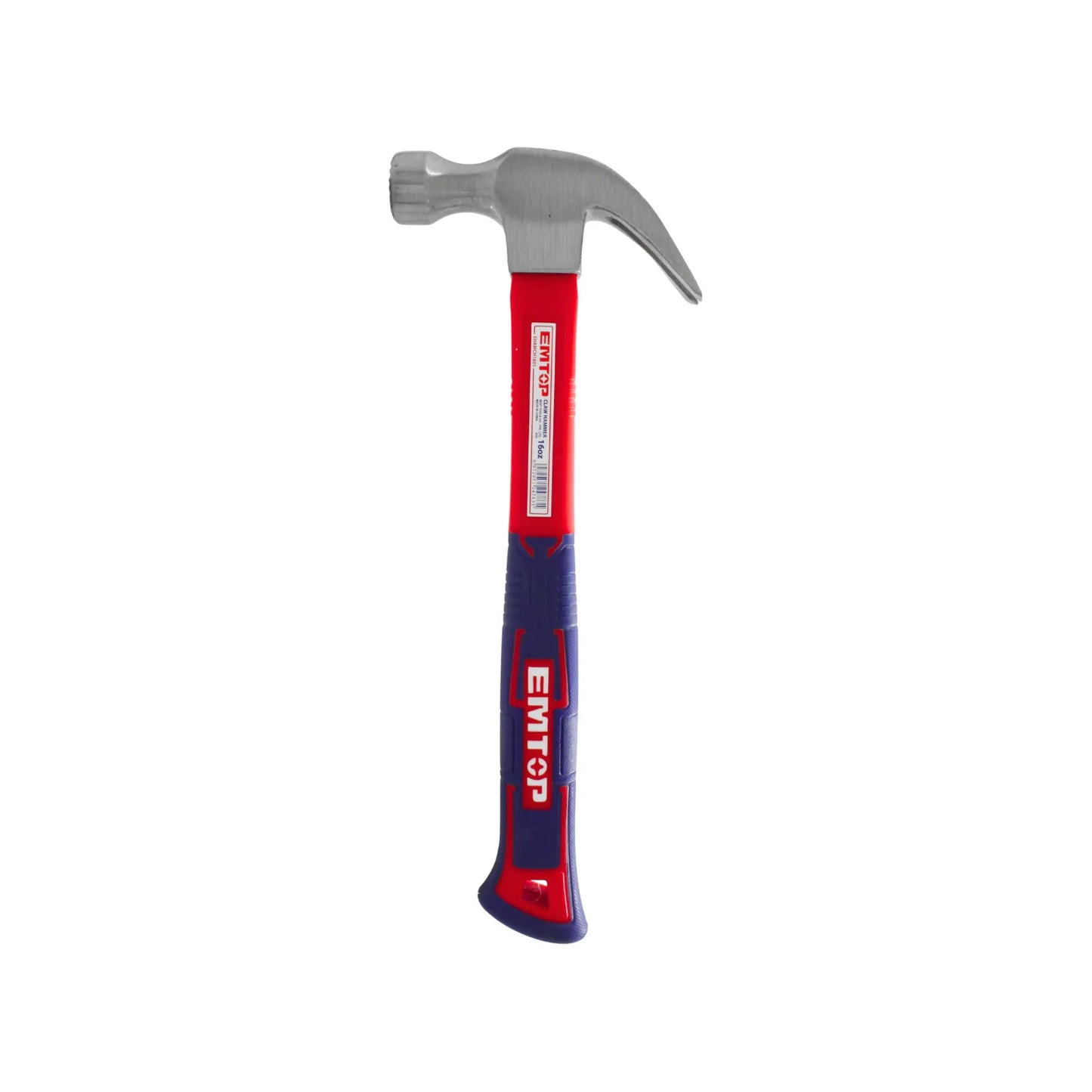 Martillo de uña EMTOP 16oz con cabeza de acero y mango ergonómico bicolor rojo y azul para carpintería