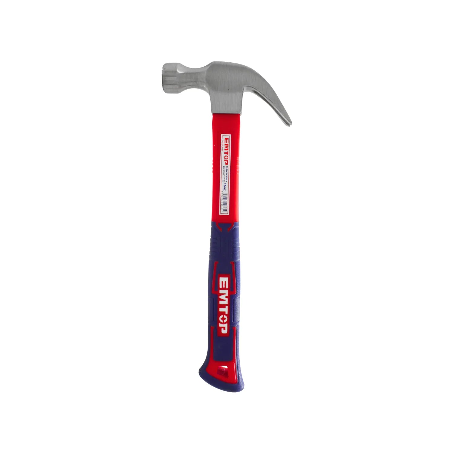 Martillo de uña EMTOP 16oz con cabeza de acero y mango ergonómico bicolor rojo y azul para carpintería