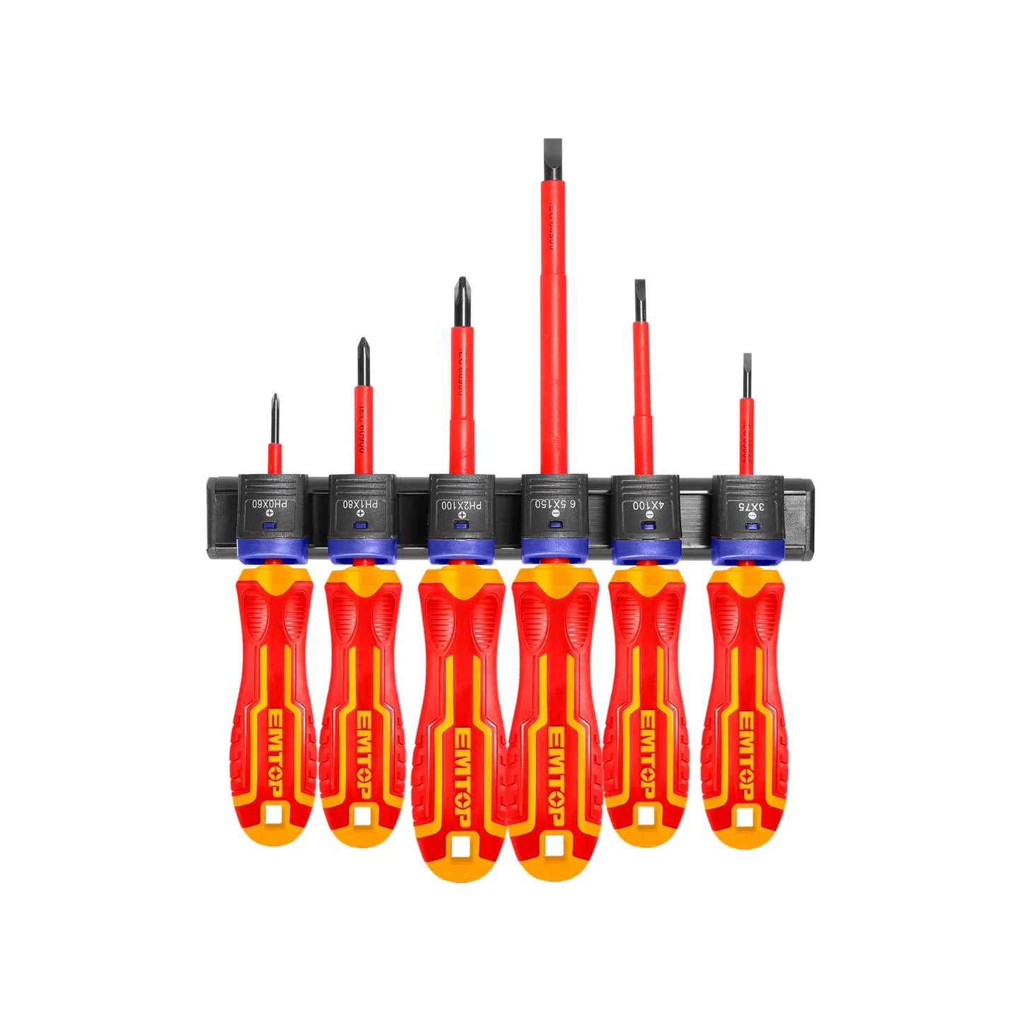 Juego destornilladores aislados EMTOP Phillips y planos con mango ergonómico rojo/amarillo y soporte de pared para electricistas