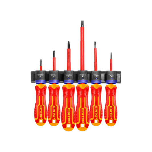 Juego destornilladores aislados EMTOP Phillips y planos con mango ergonómico rojo/amarillo y soporte de pared para electricistas